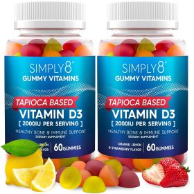 Vitamin D3 2000 IU Supports Immunity Bone Joint Health 2 Mo.Supply Tapioca Based for Kids and Adults Gelatin Free Chewable Gummies Vegetarian Kos
