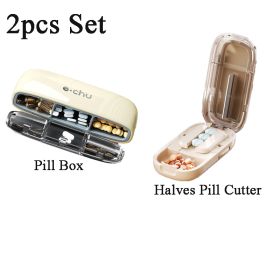 Portable Pill Organizer 3 Times A Day Pill Box Compartments Travel Pill Holder for Vitamins Medicines Small Pocket Medicine Case (Color: Cream 2Pcs SetA)